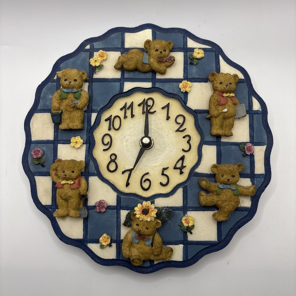 Vintage Resin Teddy Bear Kids Nursery Wall Hanging Clock Blue Check Not Working‎
